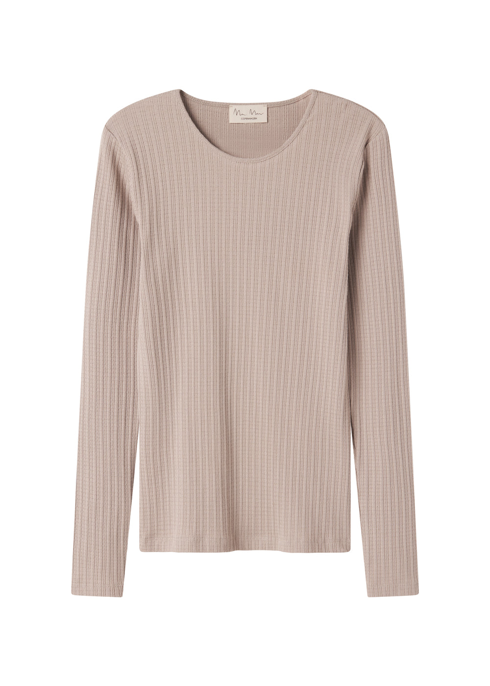 Beige ribstrikket t-shirt til dame med lange ærmer