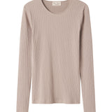 Beige ribstrikket t-shirt til dame med lange ærmer