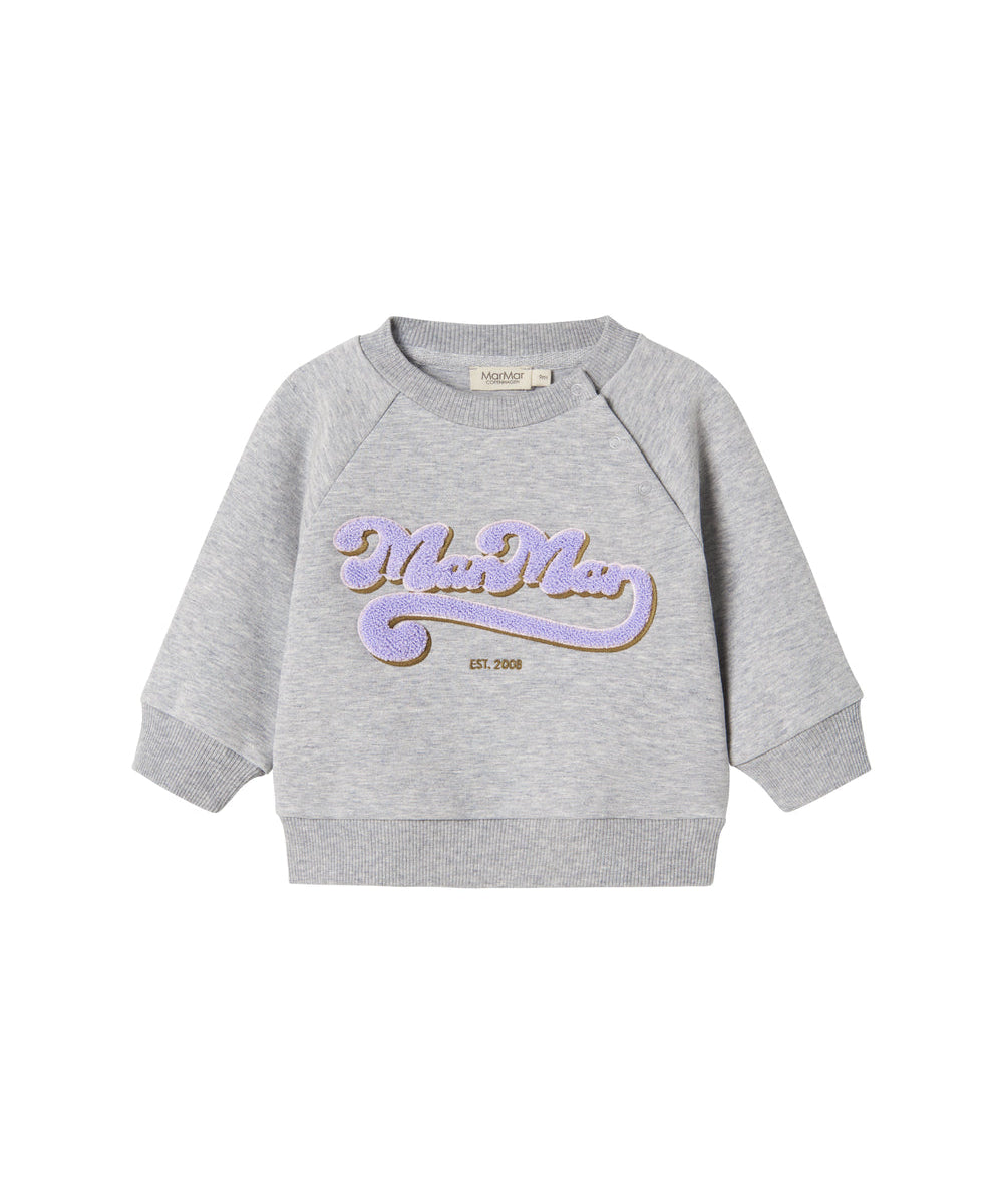 Grå sweatshirt til børn med lilla og guld broderet logo foran