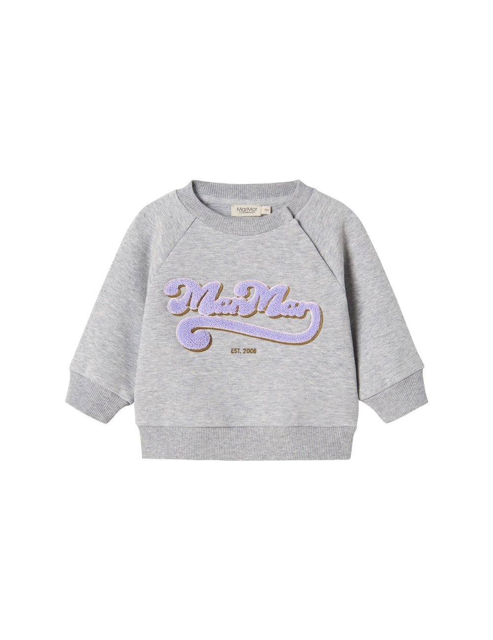 Grey sweatshirt for children with purple and gold embroidered logo on the front