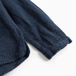Detaljebillede af ærmekant med elastisk afslutning på mørkeblå skjorte