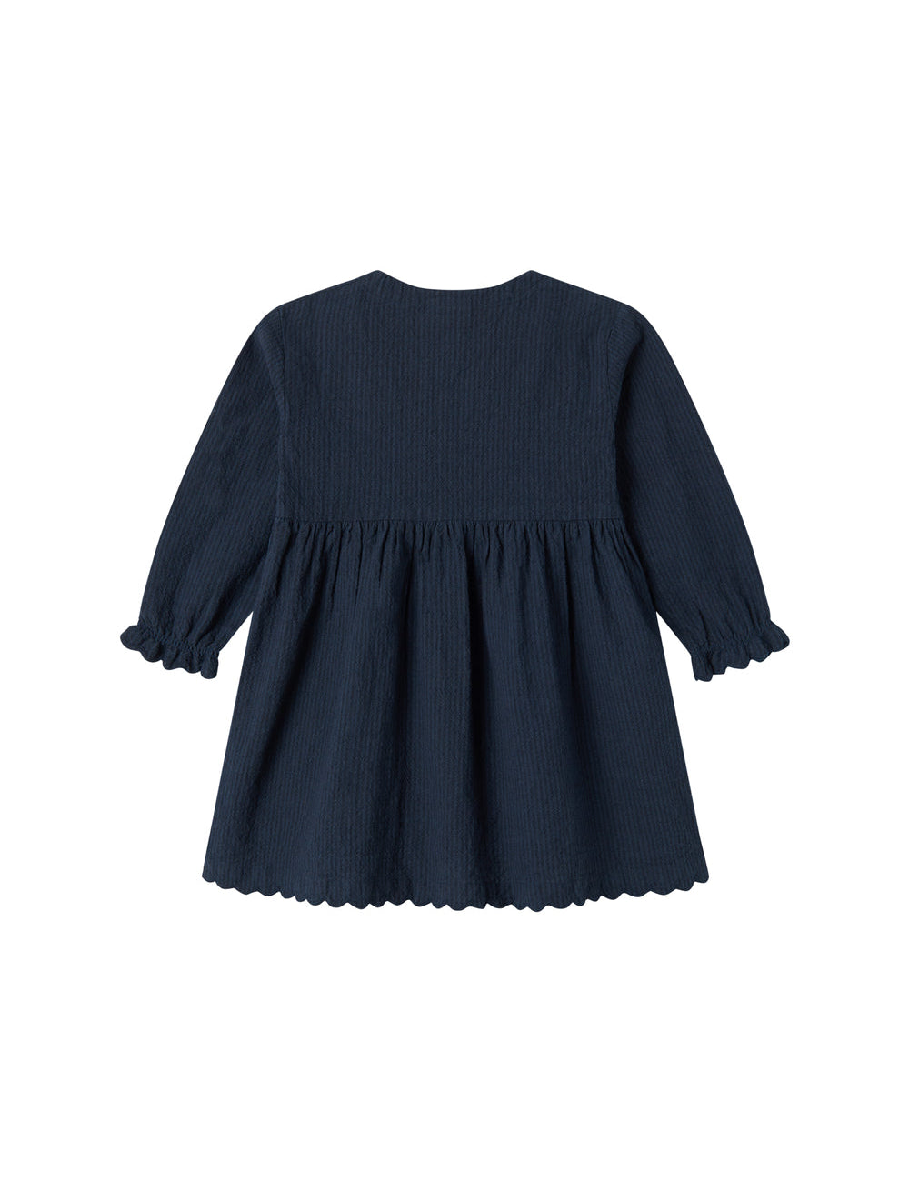 Mørkeblå kjole til børn set bagfra med rynket talje