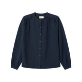 Mørkeblå bluse til kvinder med lange ærmer og knapper