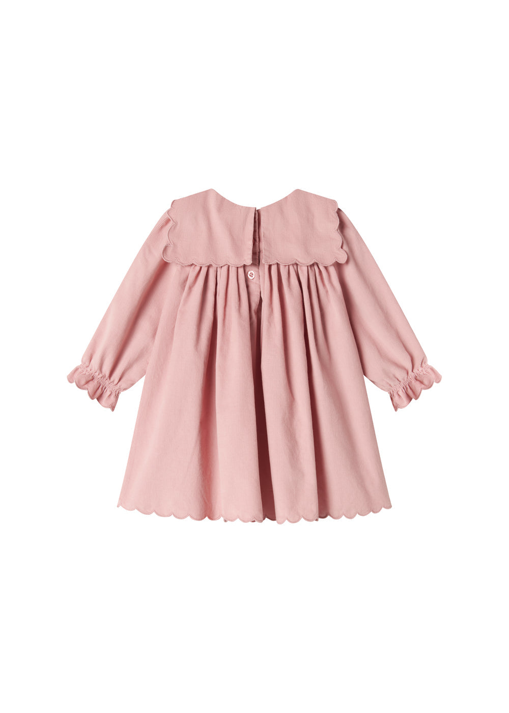 Lyserød babyfløjlskjole med lange ærmer, bølgekant og lommer til børn