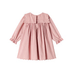 Lyserød babyfløjlskjole med lange ærmer, bølgekant og lommer til børn