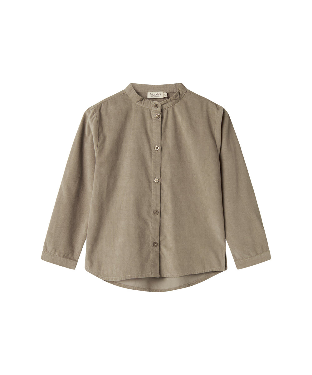 Beige skjorte i babyfløjl med lange ærmer og kinakrave til børn