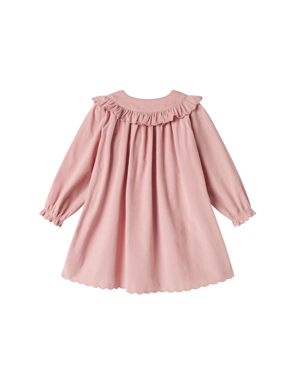 Lyserød babyfløjlskjole med lange ærmer, flæser og bølgekant til børn