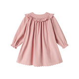 Lyserød babyfløjlskjole med lange ærmer, flæser og bølgekant til børn
