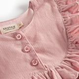 Lyserød babyfløjlskjole med lange ærmer, flæser og bølgekant til børn