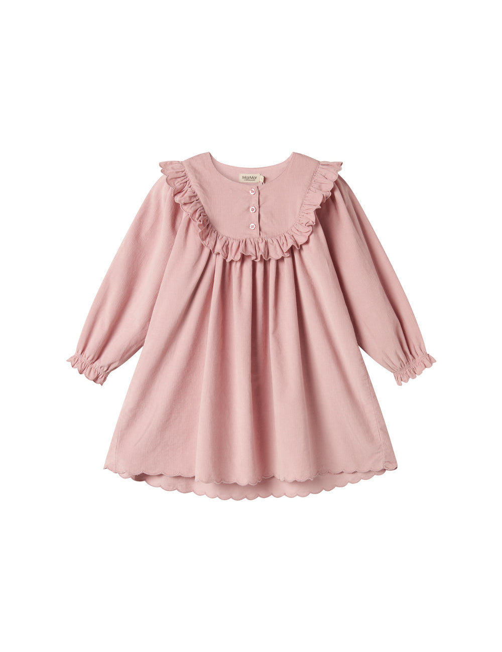 Lyserød babyfløjlskjole med lange ærmer, flæser og bølgekant til børn