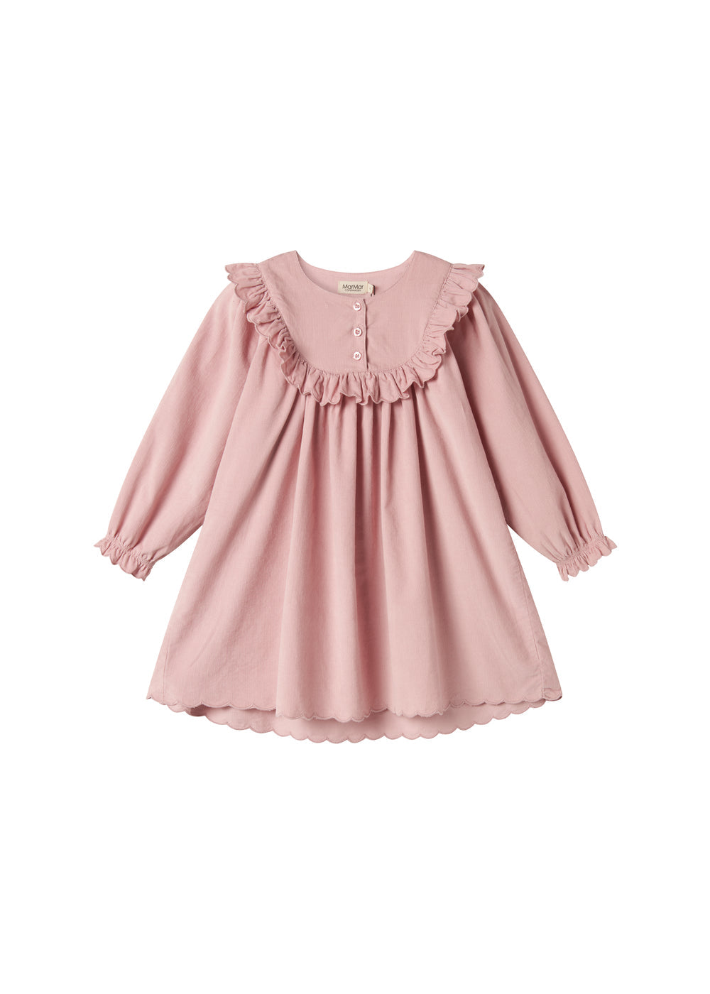 Lyserød babyfløjlskjole med lange ærmer, flæser og bølgekant til børn