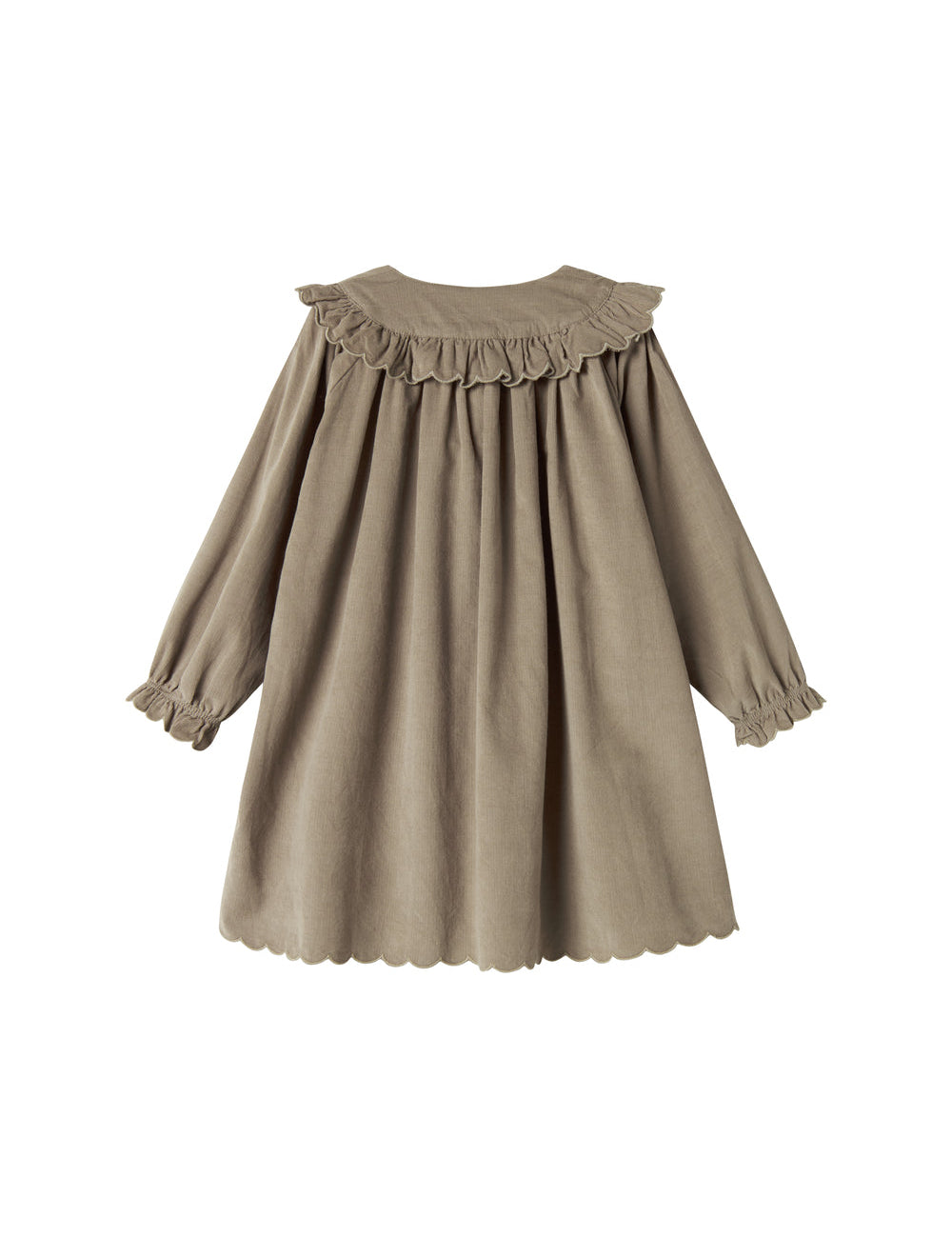 Beige babyfløjlskjole med lange ærmer, flæser og bølgekant til børn