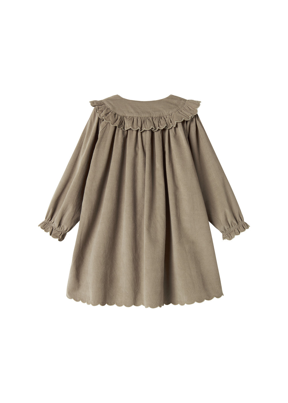 Beige babyfløjlskjole med lange ærmer, flæser og bølgekant til børn