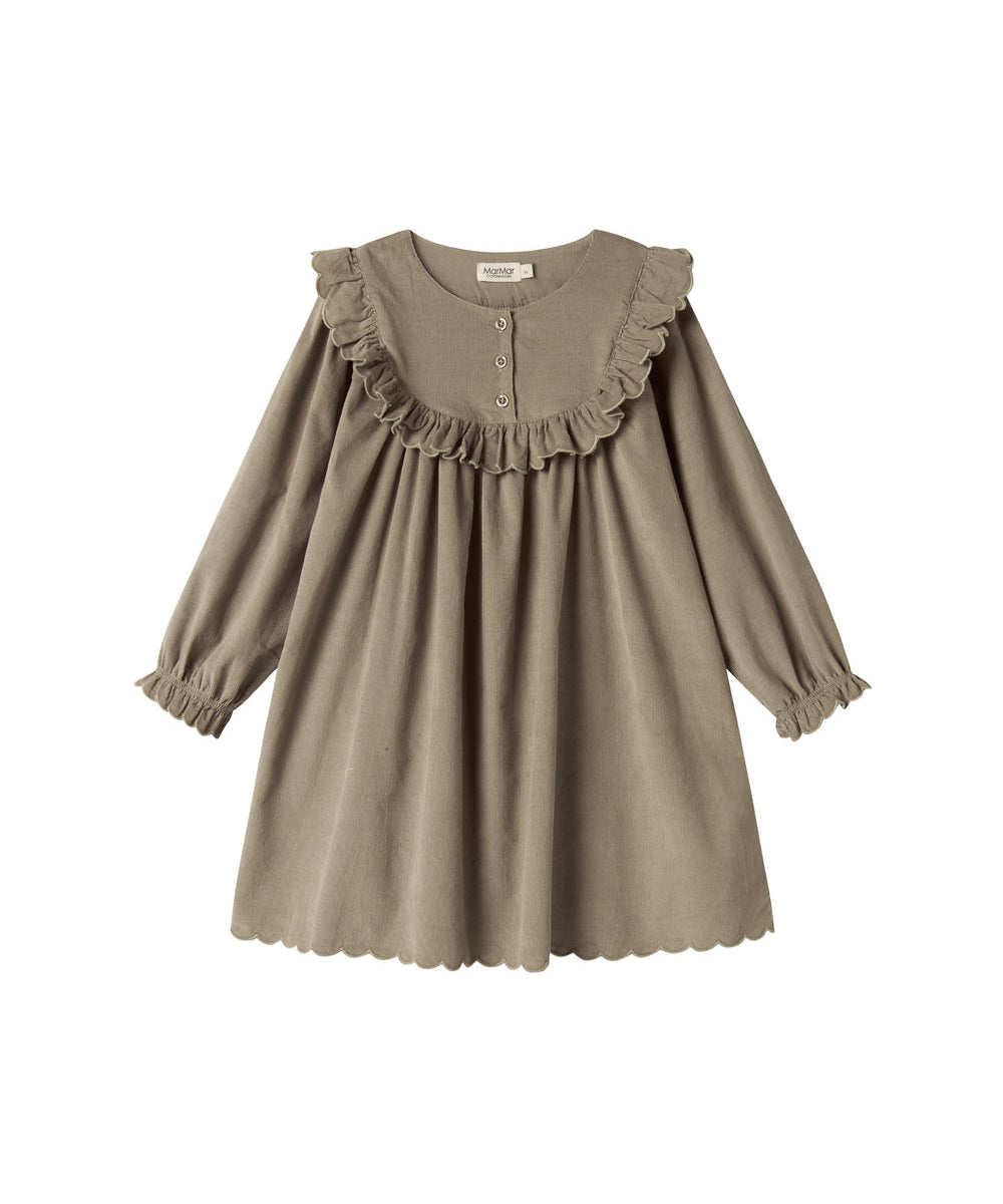 Beige babyfløjlskjole med lange ærmer, flæser og bølgekant til børn