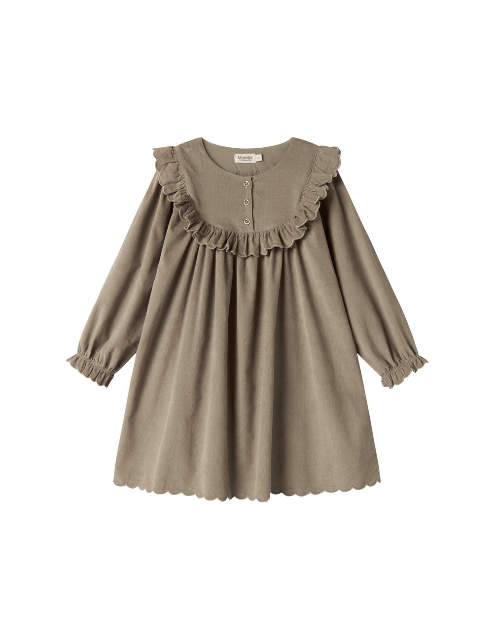 Beige babyfløjlskjole med lange ærmer, flæser og bølgekant til børn