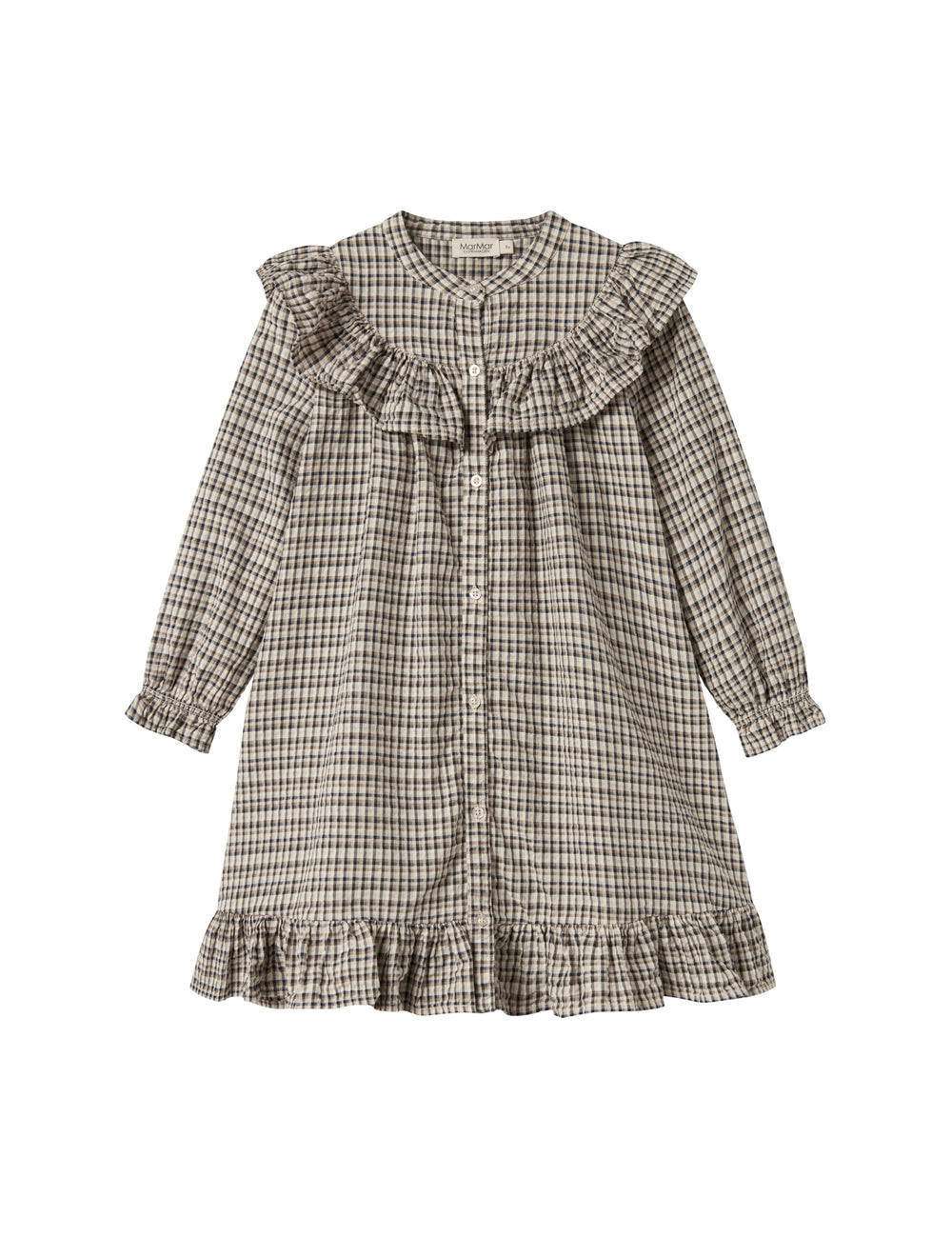 Detaljer af flæser på brun ternet strikkjole