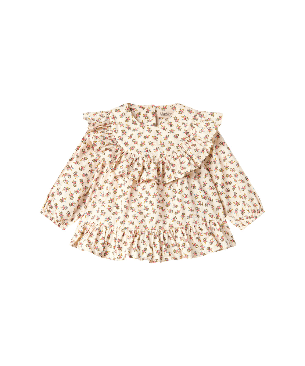 Kjole med blomstermønster og rund krave