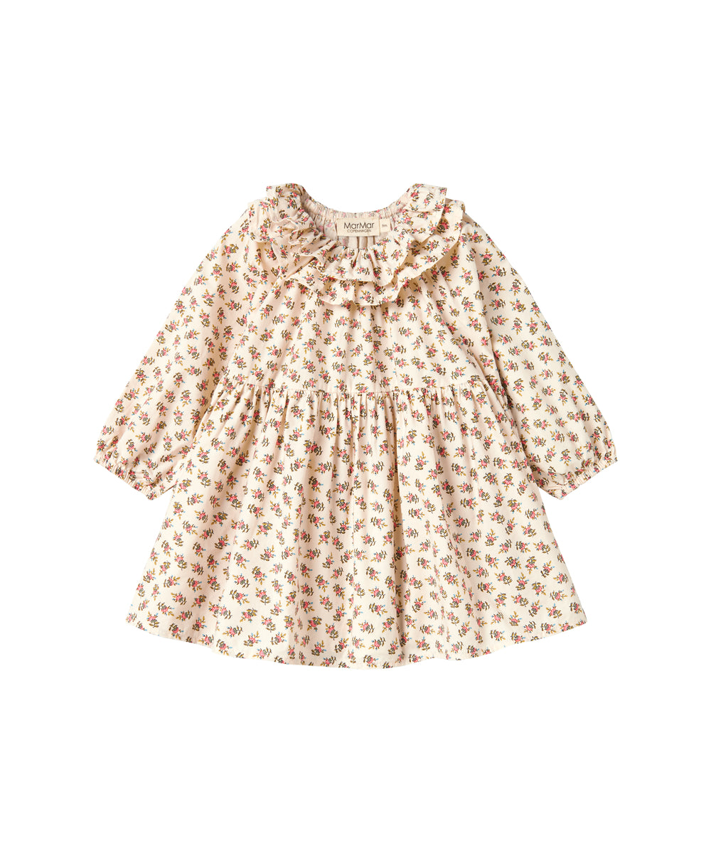 Kjole med blomstermønster og rund flæsekrave