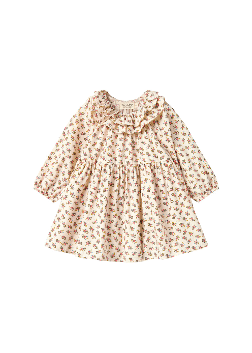 Kjole med blomstermønster og rund flæsekrave