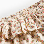 Detaljebillede af bloomers med blomstermønster og flæser