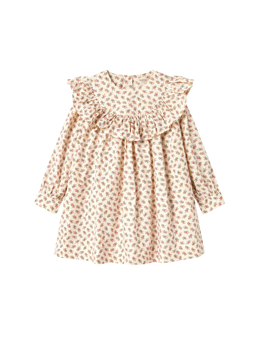 Detaljebillede af flæseærme og blomsterprint på kjole