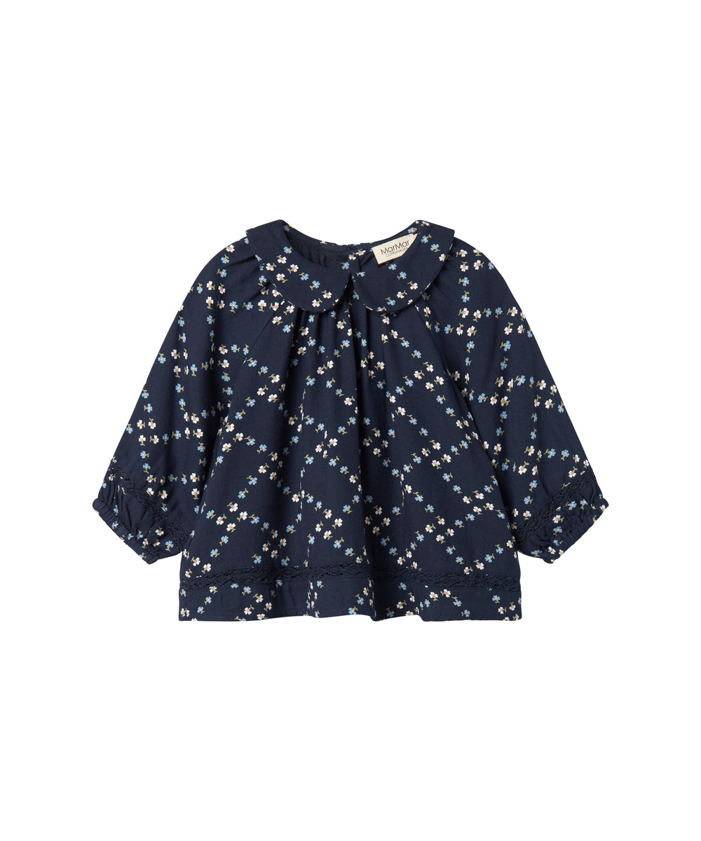 Mørkeblå blomstermønstret bluse til baby med lange ærmer