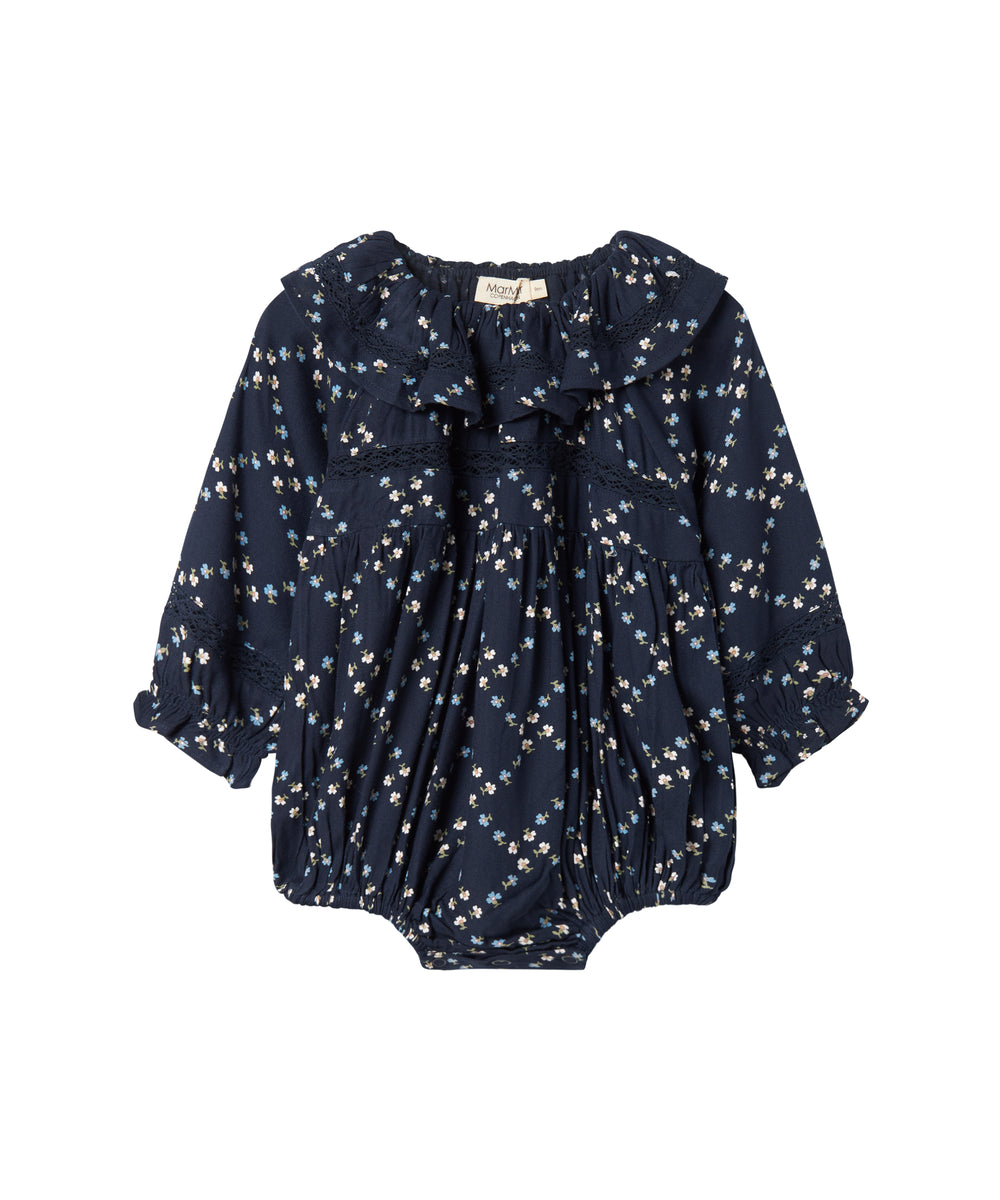 Mørkeblå blomstermønstret heldragt til baby med lange ærmer