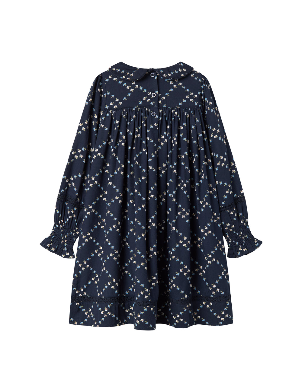 Mørkeblå blomstermønstret kjole til børn med lange ærmer