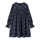 Mørkeblå blomstermønstret kjole til børn med lange ærmer