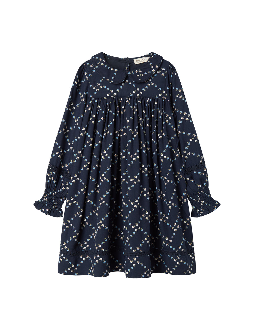 Mørkeblå blomstermønstret kjole til børn med lange ærmer og krave