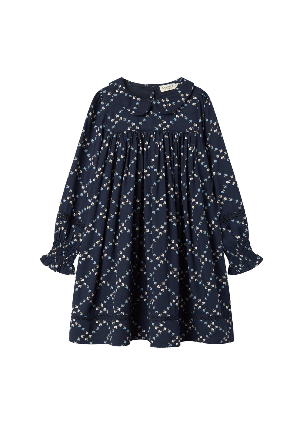 Mørkeblå blomstermønstret kjole til børn med lange ærmer