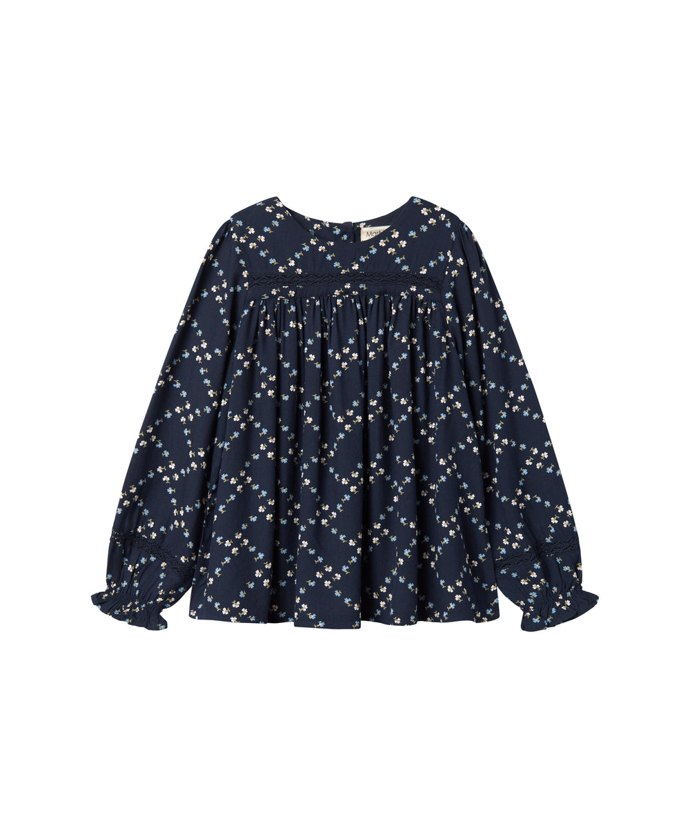 Mørkeblå bluse til børn med mønster og lange ærmer