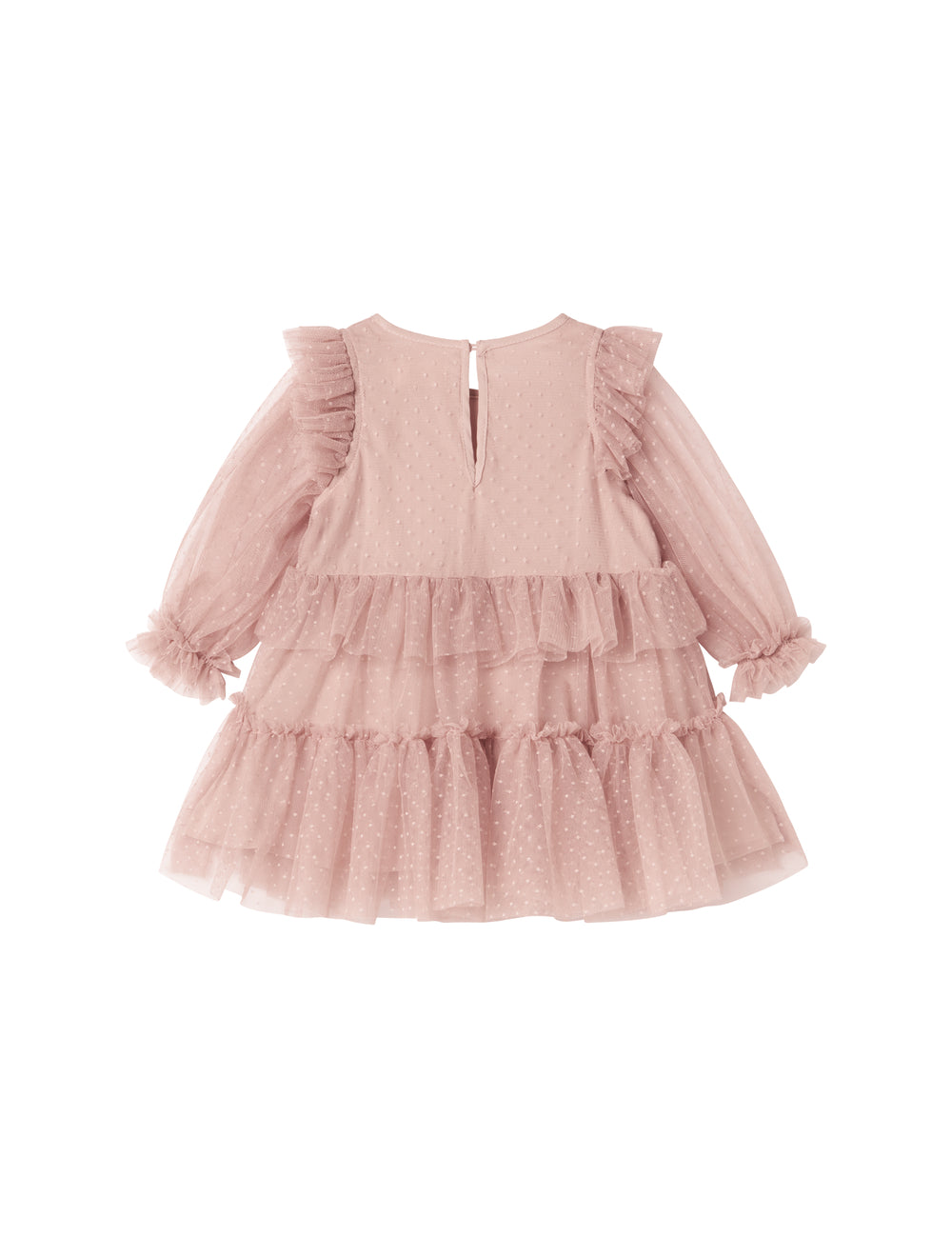 Lyserød tylkjole til børn med lag-på-lag og flæsedetaljer