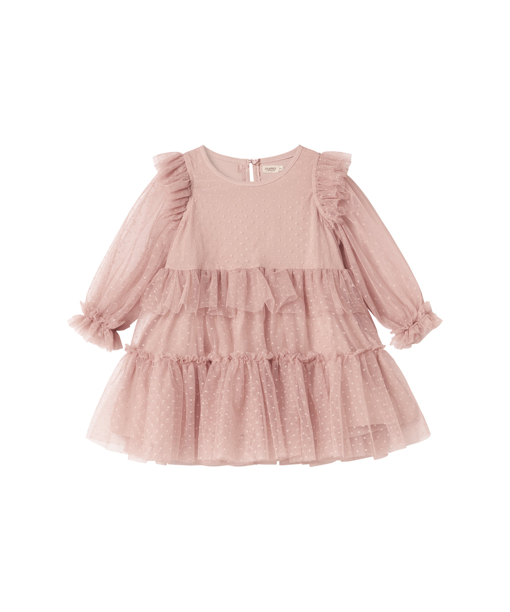 Lyserød tylkjole til børn med lag-på-lag og flæsedetaljer