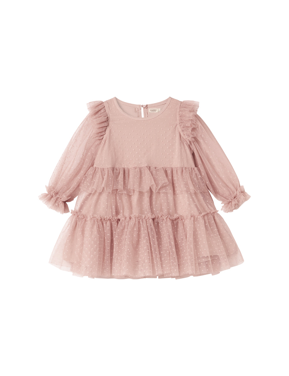 Close-up of pink tulle dress with elastic cuffs and ruffles