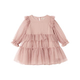Lyserød tylkjole til børn med lag-på-lag og flæsedetaljer