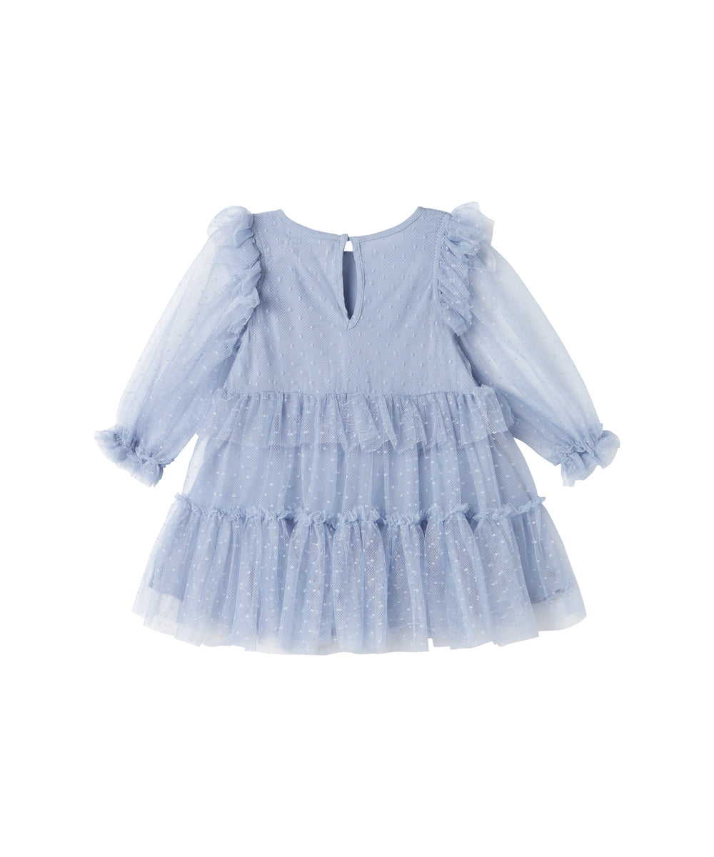 Blå tylkjole til børn med lag-på-lag og flæsedetaljer