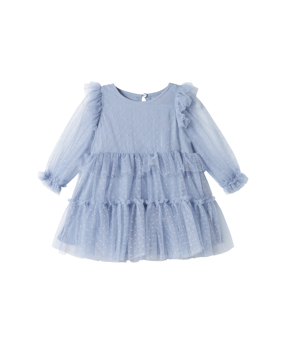 Blå tylkjole til børn med lag-på-lag og flæsedetaljer