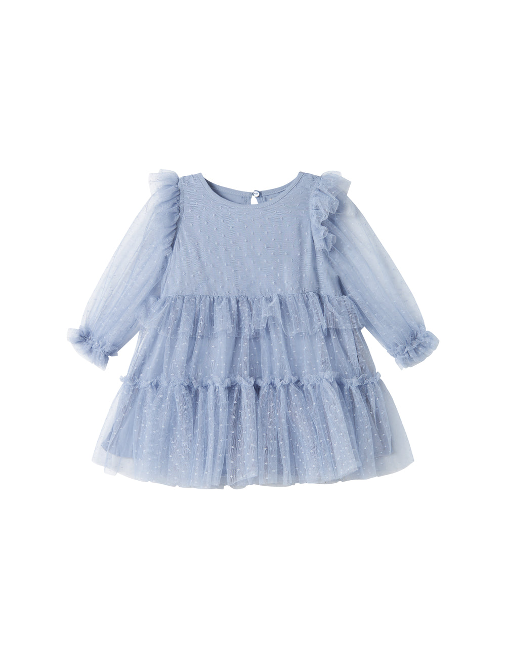 Close-up of blue tulle dress with light fabric and ruffle details