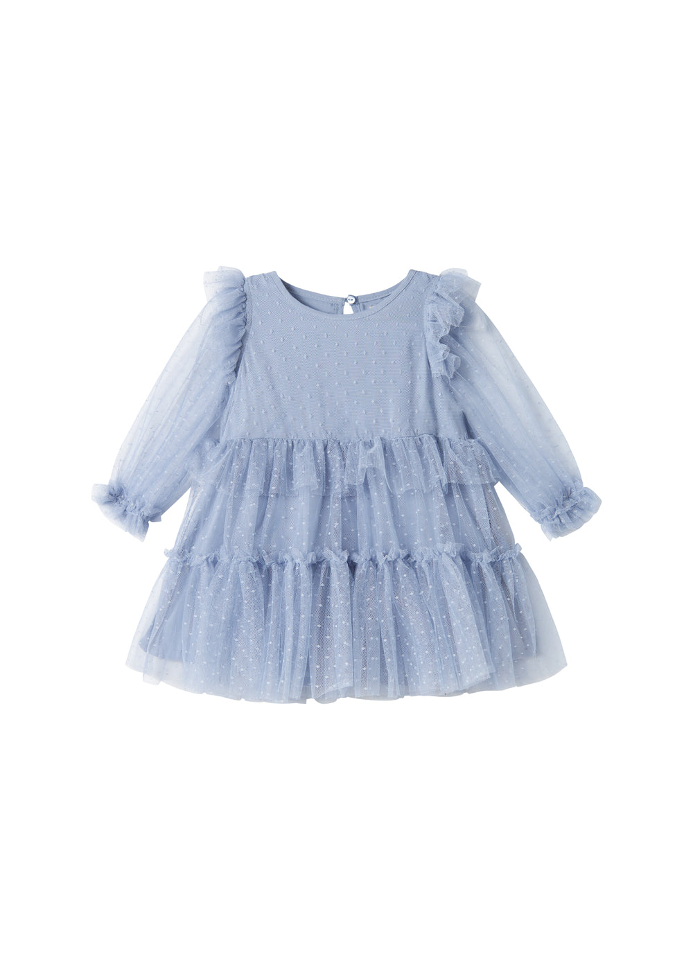 Blå tylkjole til børn med lag-på-lag og flæsedetaljer