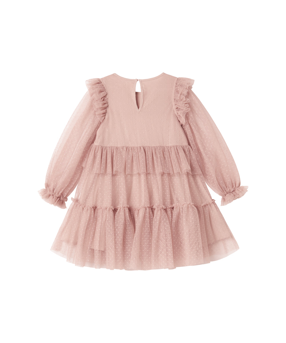 Rosa tylkjole til børn med lagdelt design og lange ærmer