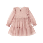 Rosa tylkjole til børn med lagdelt design og lange ærmer