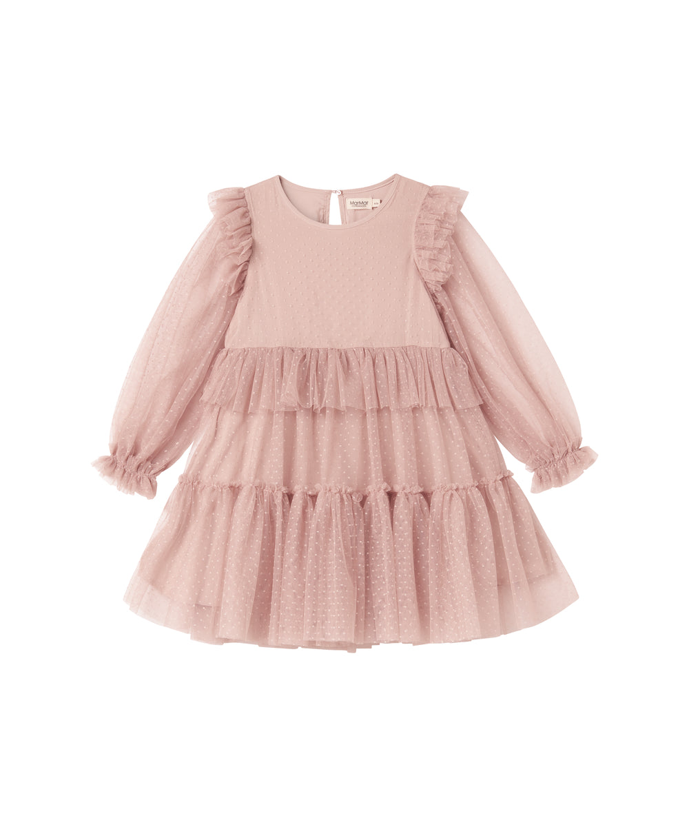 Rosa tylkjole til børn med lagdelt design og lange ærmer