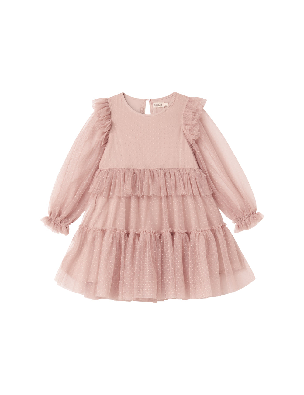 Detaljebillede af en rosa tylkjole med elastisk manchet og volanger