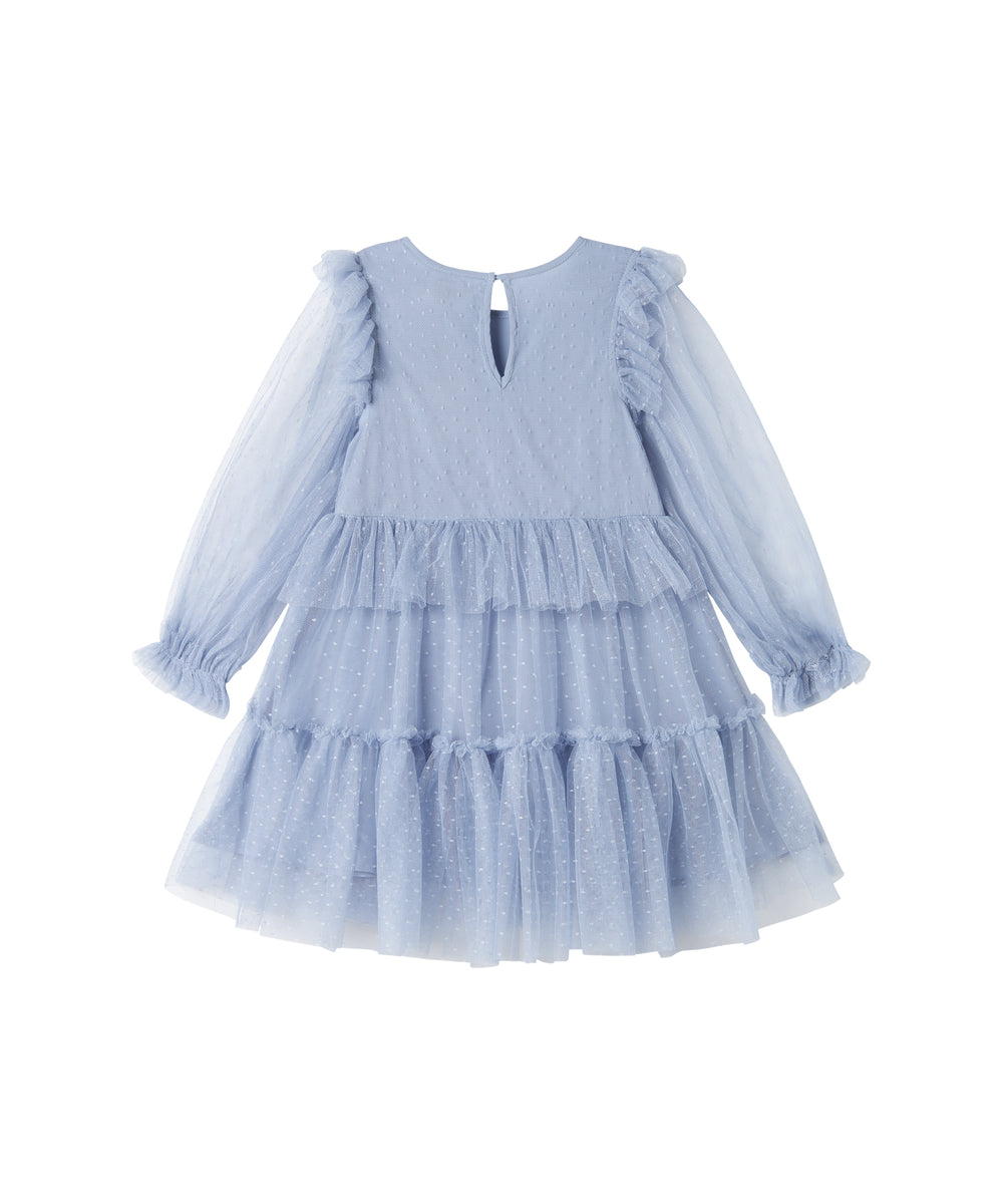 Blå tylkjole til børn med lagdelt design og lange ærmer