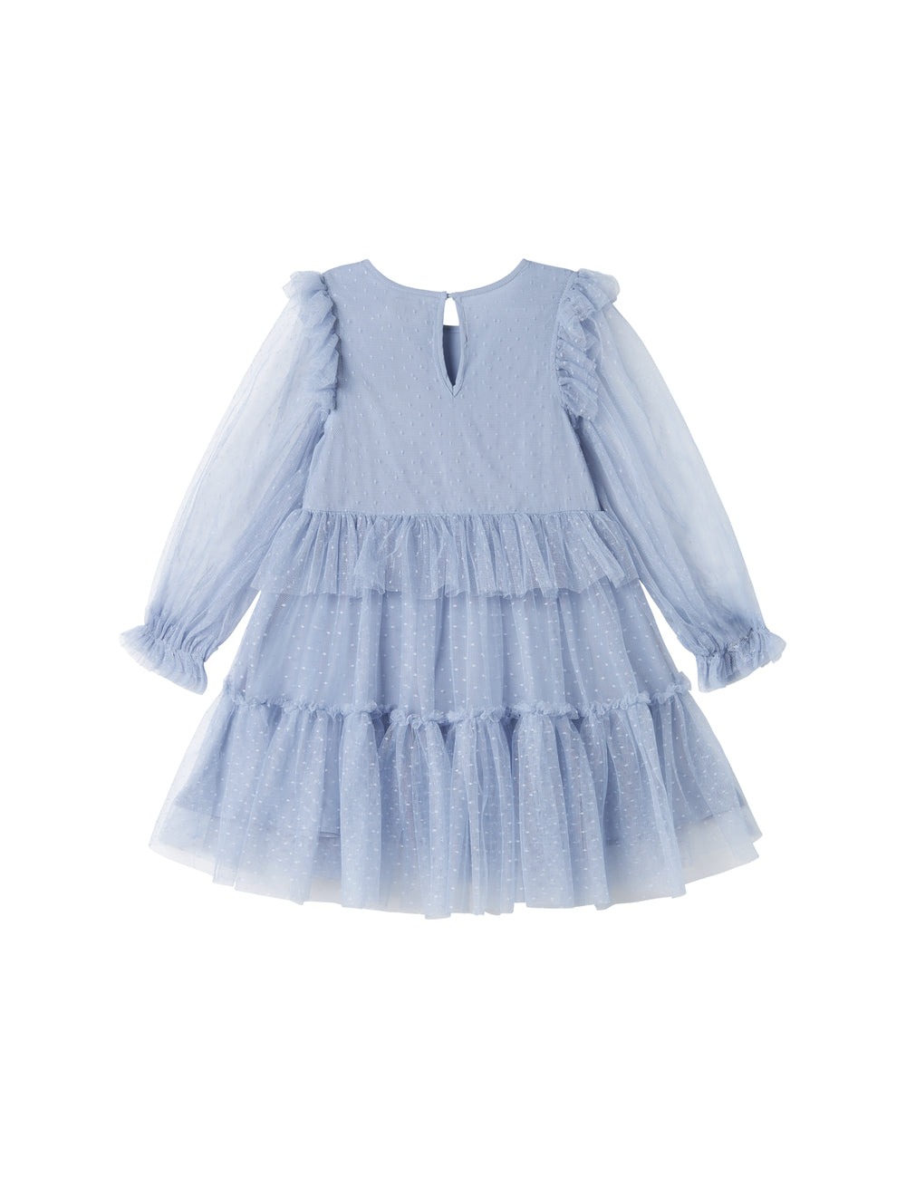 Blå tylkjole til børn med lagdelt design og lange ærmer