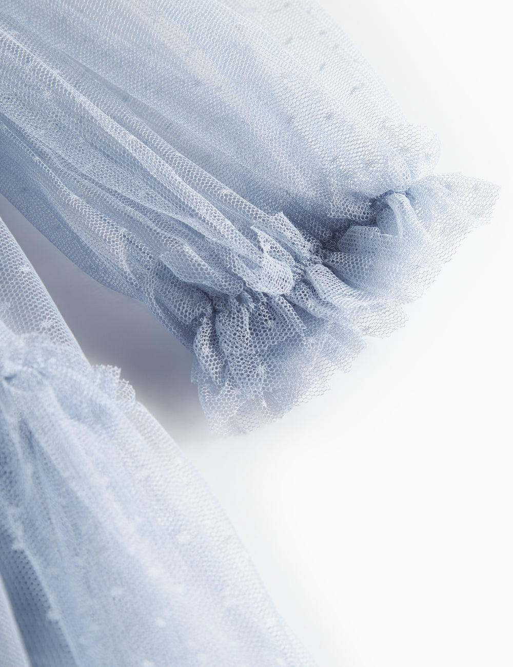 Nærbillede af blå tylkjole med volanger på ærmerne