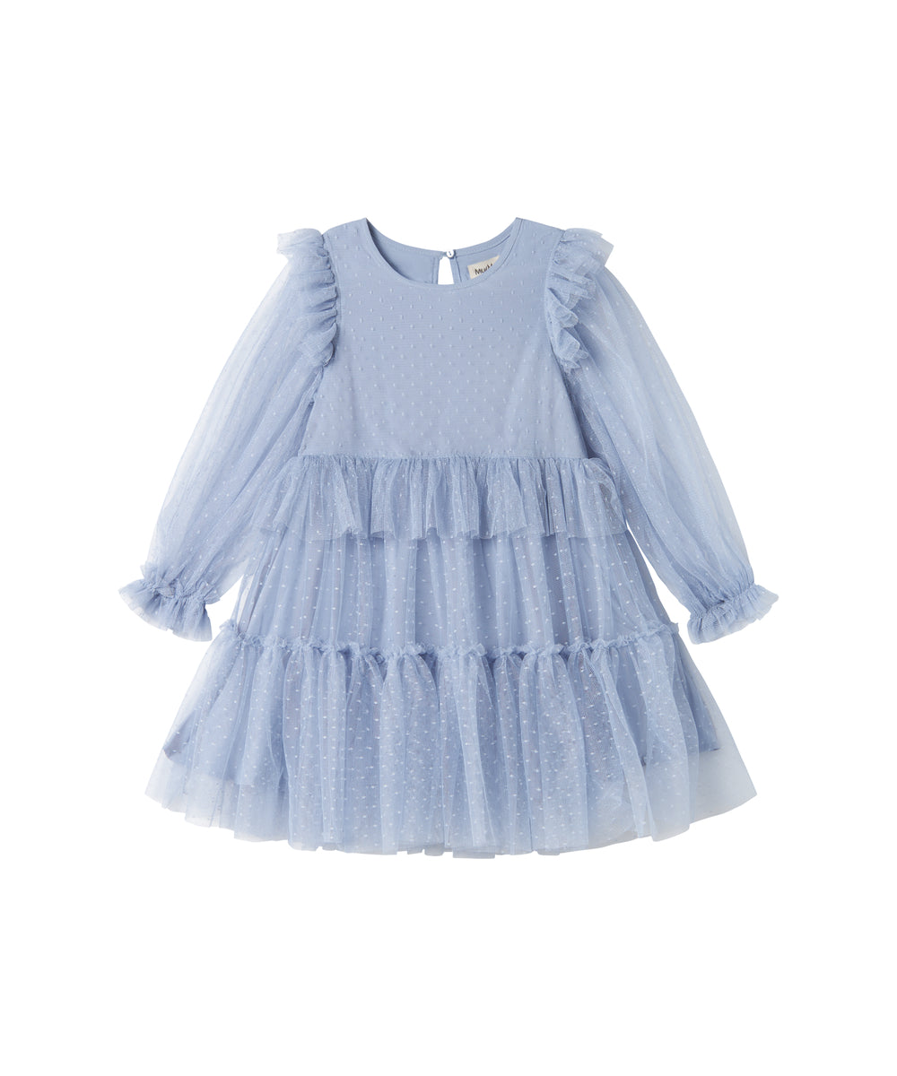 Blå tylkjole til børn med lagdelt design og lange ærmer