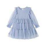 Blå tylkjole til børn med lagdelt design og lange ærmer