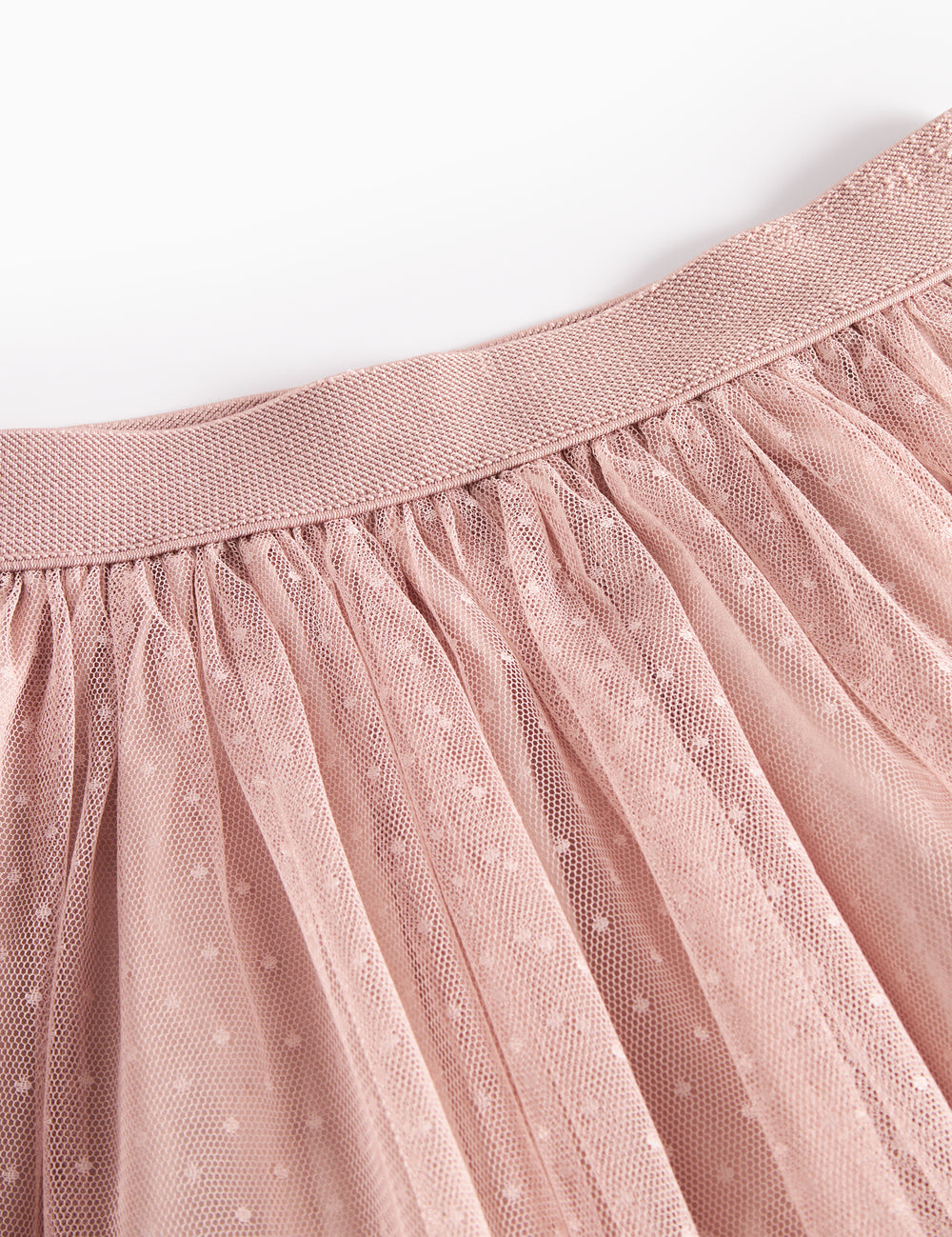 Detaljebillede af elastik i taljen på lyserød tylnederdel med prikmønster